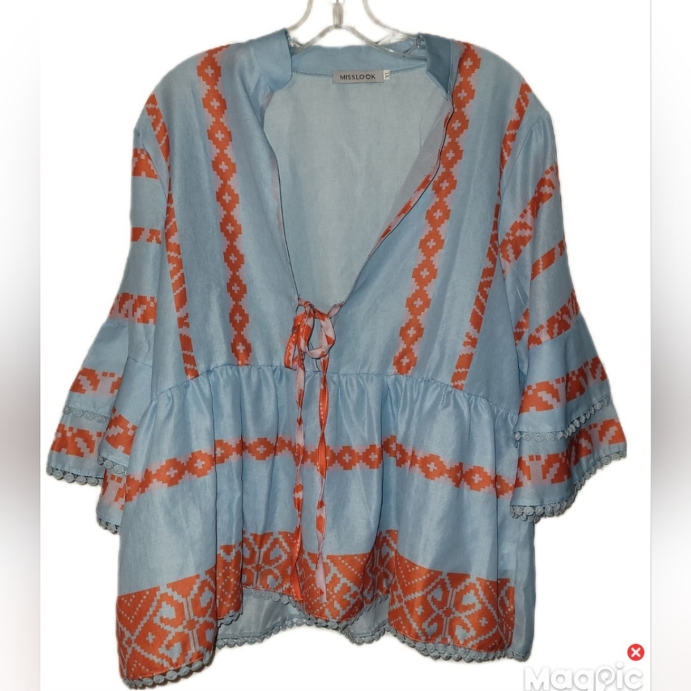 Misslook Deep V-neckline Tie Tiered Bell Sleeve Crochet Edging Size XL